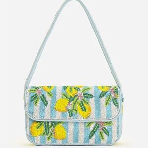 Beaded Lemon-Print Shoulder Bag in Light Blue and Yellow